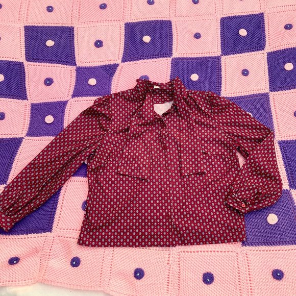 vintage 70s blouse red puff balloon sleeve button up |M| 1970s top shirt wine - Picture 1 of 9